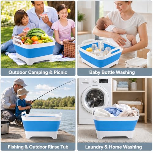 2.4 Gal(9L) Collapsible Dish Basin with Drain Plug, Space Saving Outdoor Multiuse Foldable Sink Tub, Dishpan, Kitchen Storage Tray for Camping, Vegetable Washing, RV (Blue) - color: Blue