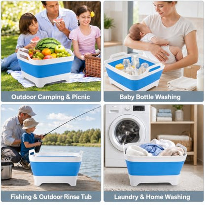2.4 Gal(9L) Collapsible Dish Basin with Drain Plug, Space Saving Outdoor Multiuse Foldable Sink Tub, Dishpan, Kitchen Storage Tray for Camping, Vegetable Washing, RV (Blue) - color: Blue
