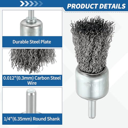 Wire Brush for Drill Set 82Pack, Crimping Steel Wires 0.012" (Carbon Steel) Wire Wheel Cup Pen Brush Drill with 1/4" Round Shank - for Rust, Cleaning, Deburring on Cast Iron - size: 1/1.5/2/2.5/3in
