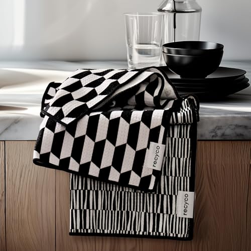 RECYCO Waffle Kitchen Towel Set of 2 - Quick Dry Microfiber Sustainable Dish Towels - Ultra Absorbent Reusable Cleaning Tea Towels - Lightweight Hand Towels,16”x 28”, Black & White Mirage - color: Black & White Mirage