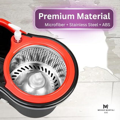 Spin Mop & Bucket Set with 2 Microfiber Mop Heads – 360° Rotating Stainless Steel Handle, Telescopic Pole (90–120cm), Hands-Free Cleaning System – Multi-Surface Floor Mop for Home & Office