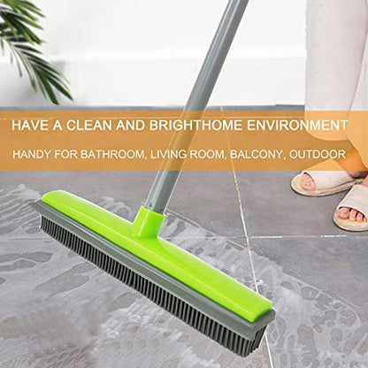 Push Broom Pet Hair Removal Broom with Squeegee,Soft Silicone Bristle Broom with Long Handle, Non Scratch Carpet Sweeper Brush for Cat/Dog Hair Hardwood Tile Windows(Green) - color: Green