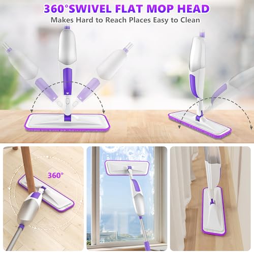 Microfiber Spray Mops for Floor Cleaning - SEVENMAX Dry Wet Floor Mop with Sprayer 3 Washable Pads fit Swiffer Powermop for Hardwood Laminate Tile Wood Vinyl Ceramic Home Kitchen Cleaning - size: White Purple Mop - 3 Pads