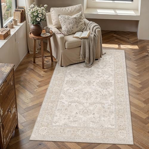 HUGEAR 3x5 Entryway Rug Vintage Beige Machine Washable Rug Small Area Rugs Room Decor Distressed Indoor Mat Non Slip Low Pile Carpet for Kitchen Living Bedroom Soft Lightweight - color: Beige, size: 3' x 5' (Rectangular)