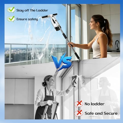 Window Vacuum Squeegee Cordless, 2200mAh Electric Window Squeegee Vacuum with 0.8-1M Extendable Pole, 2000Pa Window Sill Cleaning Tools, for High Windows, Shower Glass, Car, Kitchen