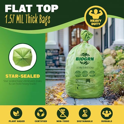 50-55 Gallon Compostable Trash Bags, 12 Count, 1.57 Mil Heavy Duty Flat Top Large Trash Bags for Lawn, Leaf, Yard Waste & Outdoor Garden Cleanup, ASTM D6400 BPI & OK Compost HOME Certified - color: 55 Gallon, Flat Top, 12 Count