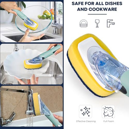 Dish Brush with Soap Dispenser Storage Set with 2 PCS Sponge Refills & Holder, Soap Dispensing Dish Brushes, Sponge with Soap Dispenser Handle, Dish Sponges with Handle for Dishes Pans Pots Sink - color: Blue