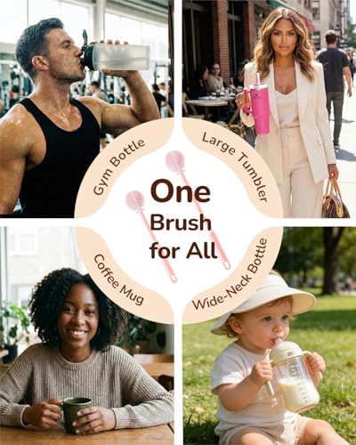 Extendable Bottle Brush with Straw Cleaner Brush, 10.8 to 14 Inches Adjustable Long Handle Water Bottle Scrubber for Cleaning Glasses, Cups, Coffee Mugs, tumblers with Replacement Head, Pink - color: Pink