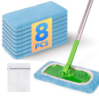 8 Pack Reusable Mop Pads Compatible with Swiffer Sweeper Mop, Dry and Wet Pads Refill, Microfiber Pads, Washable Sweeping Cloths for Surface/Hardwood Floor Cleaning (Blue) - color: Blue