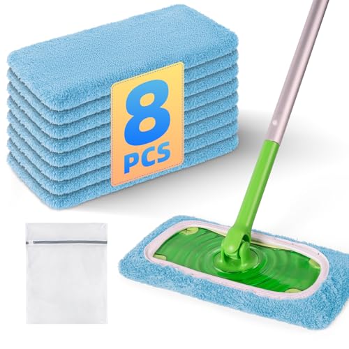 8 Pack Reusable Mop Pads Compatible with Swiffer Sweeper Mop, Dry and Wet Pads Refill, Microfiber Pads, Washable Sweeping Cloths for Surface/Hardwood Floor Cleaning (Blue) - color: Blue