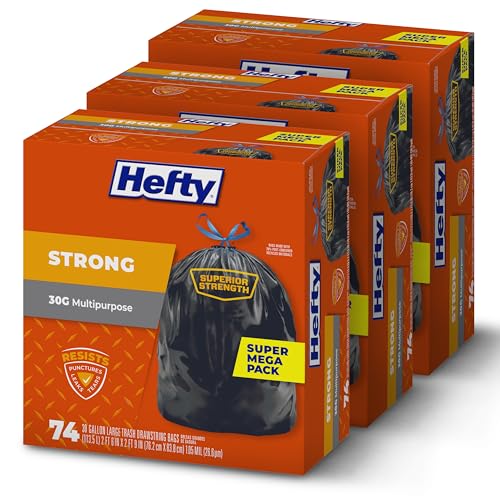 Hefty Strong Large Trash Bags, Black, 30 Gallon, 74 Count per Pack (Pack of 3), 222 Bags Total - size: 74 Count (Pack of 3)