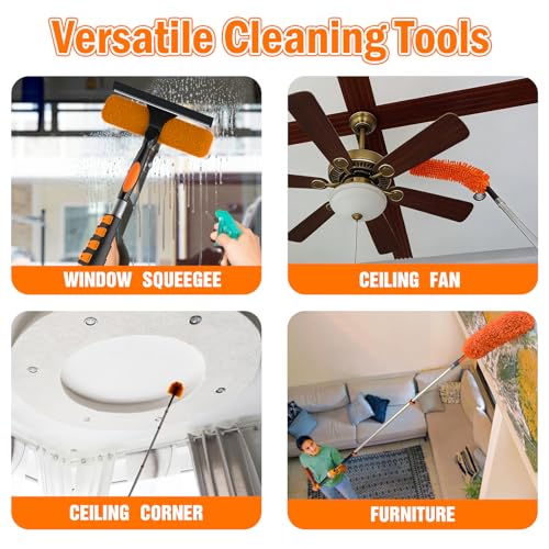 LAANPOLE 30FT High Reach Duster Cleaning Kit with Extension Pole, High Ceiling Fan Cleaner Duster Tool for Fan Blades, Window Washing Kit with Microfiber Feather Duster & Window Squeegee - size: 24FT