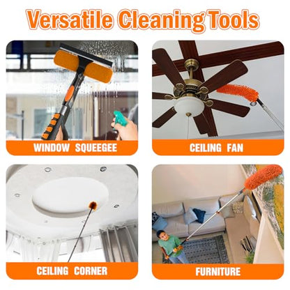 LAANPOLE 20FT High Reach Duster Cleaning Kit with Extension Pole, High Ceiling Fan Cleaner Duster Tool for Fan Blades, Window Washing Kit with Microfiber Feather Duster & Window Squeegee - size: 12FT