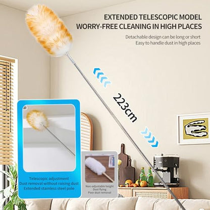 Lambswool Duster for Cleaning with Solid Wooden Handle Leather Hang Strap 87.8" Removable Retractable Feather Duster for Cleaning Ceiling Fans Window Blinds Interior Roof Furniture(2 Pack) - size: 87.8Inch