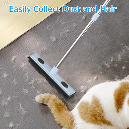 Rubber Broom Carpet Rake for Pet Hair Removal, Dog Hair Broom with 59" Adjustable Handle, Push Broom with Squeegee for Carpet, Hardwood Floor, Tile, Includes 1 Pet Hair Brush
