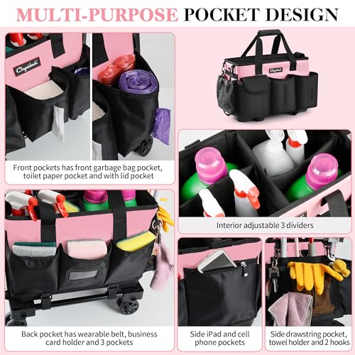 Chyaidach Rolling Cleaning Caddy, Cleaning Supplies Organizer with Trolley, Wearable Cleaning Tote Bag on Wheels with Hard Bottom, Cleaning Carts for Housekeepers/Home/Car/Office/Picnic (Pink) - color: Pink
