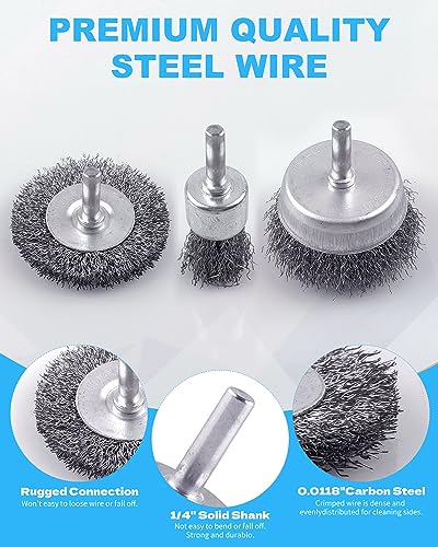 Rocaris 21-Pack Carbon Steel Wire Wheel, Cup, Pen Brush Set with 1/4-Inch Round Shank for Rust Removal, Corrosion and Scrub Surfaces