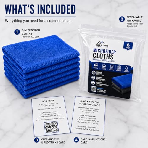 Iron Ridge Microfiber Cleaning Cloths 6-Pack, Blue, 12x12, 300 GSM | Reusable, streak-free performance for glass, kitchens, vehicles, electronics, workspaces, and everyday tasks - color: Blue