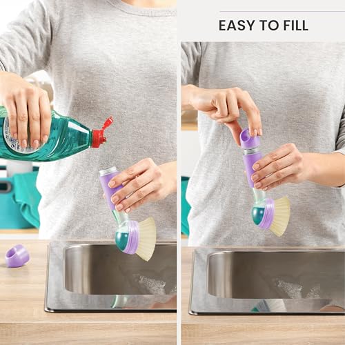 Vigar Rengo Dish Brush with Soap Dispenser - Dish Scrubber with Handle, Kitchen Scrub Brush for Dishes, Sink Cleaning Brush, Soap Dispensing Dish Wand with Nylon Bristles, Non Scratch - Purple - color: Purple