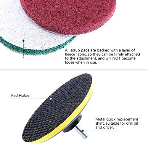 Swpeet 16Pcs 5Inch 3 Scrubbing Pads Drill Powered Brush Tile Scrubber Scouring Pads Cleaning Kit, Abrasive Buffing Pads Replacement with 1 Pcs Hook Attachment for House Cleaning
