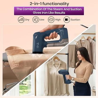Vacuum Steamer for Clothes,1200W 2-in-1 Steamer & Iron, 3500Pa Suction Handheld Clothes Steamer, Garment Steamer & Wrinkle Remover for Shirts, Bedding, 30-Sec Heat-Up,4 Modes,Travel & Home (110-120V)