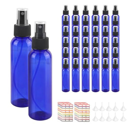 36 Pack Blue Small Spray Bottles 4 oz/120 ml Plastic Spray Bottles, Fine Mist Empty Small Travel Spray Bottle, Refillable Mini Sprayer Empty Bottle Bulk with 10 Funnels and 10 Labels - color: Blue