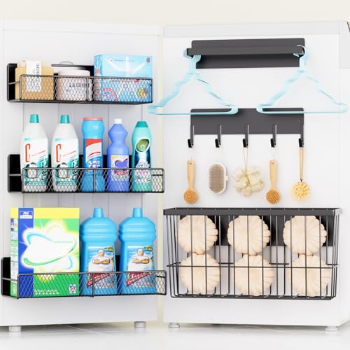 6 Pack Magnetic Shelves for Washing Machine, Magnetic Spice Rack Organizer for Refrigerator, Magnetic Shelf with Hanger Organizer, Metal Magnetic Basket, Laundry Organization and Storage, Black - color: Black, size: Large 6-Pack (11.3"-13.8")