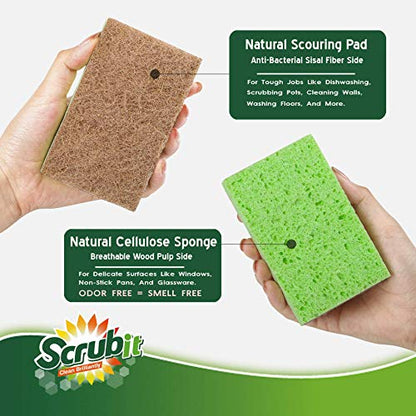SCRUBIT 24 Pack Natural Sponges - Biodegradable Compostable Cellulose and Coconut Natural Sponges for Dishes, Eco Friendly Non Toxic Kitchen Sponge - size: 24 Count (Pack of 1)