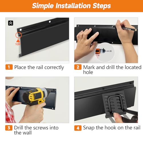 Garage Tool Organizer Wall Mount, Heavy Duty 48 Inches Garage Organization and Storage Racks for Yard Tools with 6 Hooks, Tool Hangers Holders for Hanging Folding Chair, Rake and Shovel - size: 48" Alloy Steel