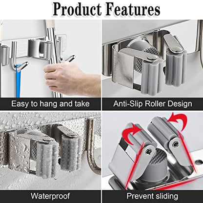 Broom Mop Holder Wall Mount Broom Hanger Wall Mounted Metal Organization Garage Storage Garden Kitchen Tool Organizer With 4 Racks and 5 Hooks (Silver, 1 Pack 3R4H)…