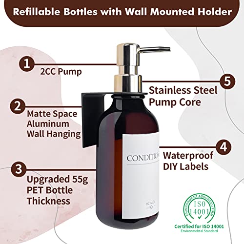 Shampoo Dispenser for Shower Wall, Shampoo and Conditioner Dispenser with 16 Waterproof Labels, No Drill Shower Soap Dispenser Bathroom, Shower Soap Dispenser Wall Mounted,17oz, 3 Pack, Gold Amber - color: 1-amber Bottle + Gold Pump