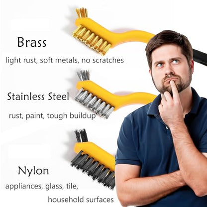Wire Brush Set for Rust, Paint & Detail Cleaning – 6-Piece Brass, Stainless Steel & Nylon Brushes with Curved Handle for Tight Spaces, Metal, Tile & Household Use