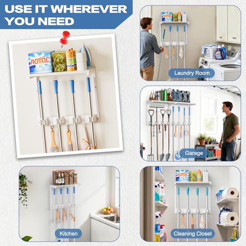 Olakee Broom Holder Wall Mount with Cleaning Supplies Organizer, Laundry Room Organization and Storage Shelves, Mop Hanger Rack with Hooks, Utility Shelf Closet Organizer for Garage Home Improvement - size: Small