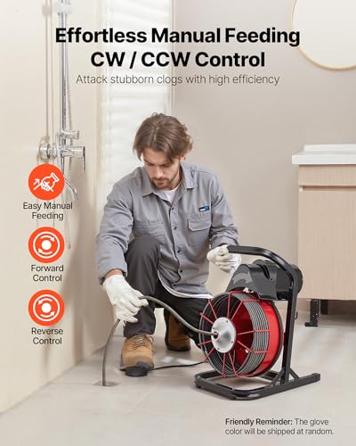 VEVOR Drain Cleaner Machine 75 FT x 3/8 Inch, Sewer Snake Auger Manual Feed with 4 Cutters & Air-activated Foot Switch for 2" to 4" Pipes - style: 75 FT x 3/8''