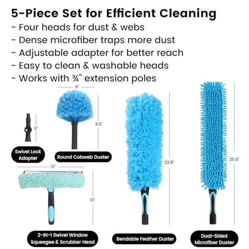 Ceiling Fan Duster Kit - 5-in-1 Cobweb Feather Duster & Squeegee Heads - Washable Bendable Microfiber - Fits Standard 3/4" Pole, Blue - size: 5PC-kit1