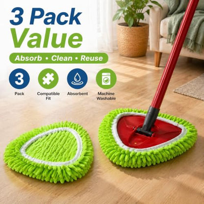 3 Pack Chenille Microfiber Mop Head Covers Compatible with O-Cedar Triangle Mops, Reusable Washable Mop Pad Refills, Replacement for Hardwood, Tile, Laminate & Vinyl Floors