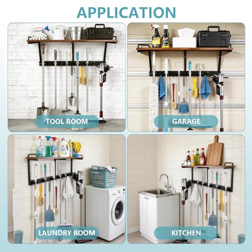 Broom Holder Wall Mount With Cleaning Supplies Organizer Shelf Broom And Mop Organizer Wall Hanging With Vacuum Holder Wall Mount, Wall Mounted Broom Hanger Utility Racks For Home Garage Laundry Room