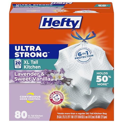 Hefty Ultra Strong 20 Gallon Trash Bags, XL Tall Kitchen Trash Bags 20 Gallon Size, Drawstring Closure, Continuous Odor Control, White, Lavender and Sweet Vanilla Scent, 80 Bags