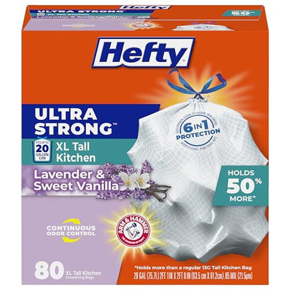 Hefty Ultra Strong 20 Gallon Trash Bags, XL Tall Kitchen Trash Bags 20 Gallon Size, Drawstring Closure, Continuous Odor Control, White, Lavender and Sweet Vanilla Scent, 80 Bags