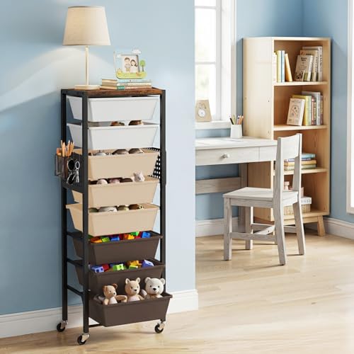 Rolling Cart with Drawers, Rolling Storage Cart with Large Plastic Drawers & Wooden Tabletop, Utility Cart with Pegboards & Basket, Storage Drawers Cart for Living Room, Classroom, Bedroom, Office - color: Brown, size: 8 Drawers