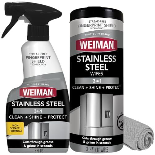 Weiman Stainless Steel Cleaner & Polish Kit, 3 Piece - Spray, Wipes & Cloth, Anti-Fingerprint, Removes Grease, Water Spots, Streaks & Residue, Polishing Cleaner Safe for Appliances, Sinks & Grills