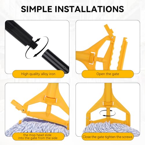 Mop Handle Commercial Heavy Duty - 57 Inch Industrial Metal Mop Stick Replacement for Floor Cleaning - Professional Mops Head Replacement Holder - color: Black 1 - Plastic Clamp