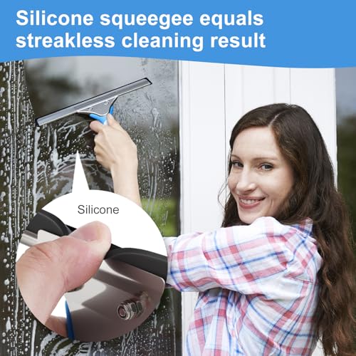 Mitclear Professional Window Cleaning Kit 10IN, Windows Cleaner Tool with Silicone Squeegee, Microfiber Scrubber & Cloth, Window Washing Equipment or Home Shower Glass Doors Car Windshield - size: 10 IN