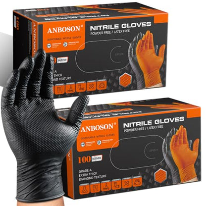 ANBOSON 10mil Nitrile-Gloves Disposable-Black Chemical-Resistant Rubber - Mechanic Gloves Heavy Duty, Latex Free, Diamond Grip (200, Medium) - color: Black-200, size: Medium
