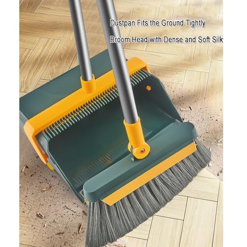 Broom and Dustpan Set, Foldable Standing Soft Bristle Broom and Dustpan Combination Household Broom with Comb Teeth for Home Kitchen Room Office Lobby Floor Use