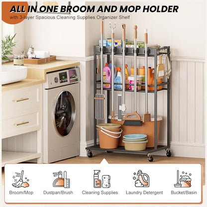 Broom Holder with Cleaning Supplies Organizer, Broom Closet Storage Cabinet with Mop Hanger Gripper Rack Hooks, Cleaning Housekeeping Janitorial Cart with Cleaning Caddy, Laundry Room Organization - size: Regular