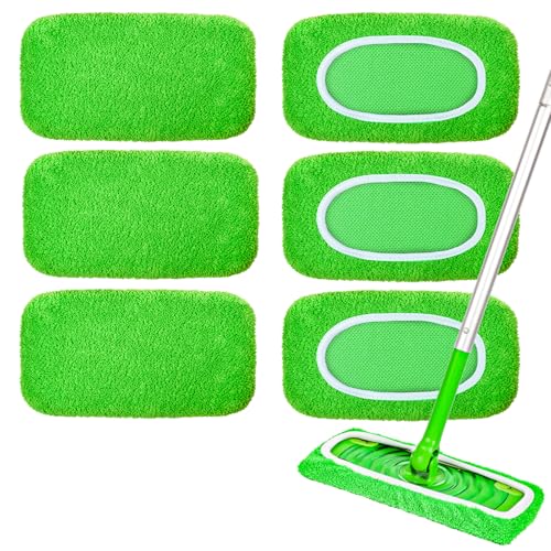 6-Pack Reusable Mop Pads Compatible with Sweeper Mop - 100% Coral Fleece Washable Refills - Microfiber Dry & Wet Sweeping Cloths for Multi-Surface/Hardwood Floor Cleaning - color: Green-6 Pack