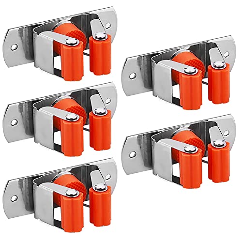 5PCS Broom Holder Wall Mount Mop Holder Wall-Mounted Stainless Steel Broom Hanger Garden Tool Rack Garage Storage Organizer for Kitchen Home Bathroom (Orange)