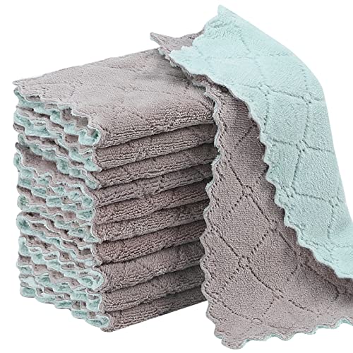 Rachan 11Pack Kitchen Dish Cloths, Reusable Dish Towels, Nonstick Oil Washable Fast Drying, Super Absorbent Coral Velvet Cleaning Cloths for Mom from Daughter Son(Green-grey10 x 6") - color: Green-grey11