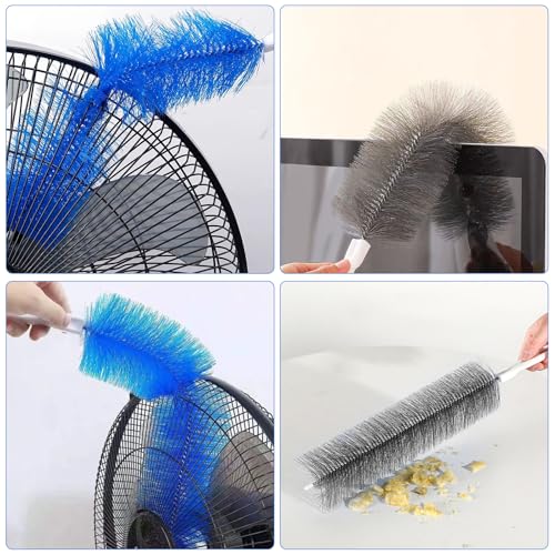 2 Pcs Cobweb Duster, Bendable Fan Cleaner Brushes Set Reusable, Plastic Microfiber Duster for Air Conditioning Shutters,Ceiling Fan, Blades, Curtains,Air Vents(Blue，Gray)